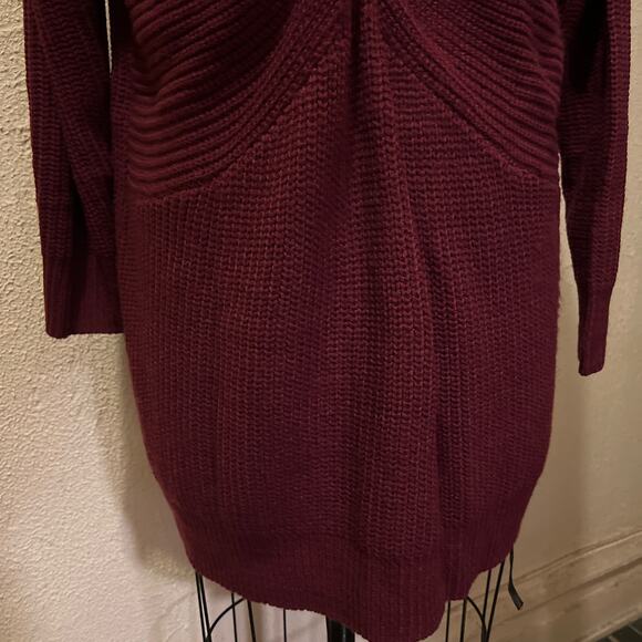 Burgandy Ribbed Long Sleeve V-neck Twist Knot Tunic Mini Sweater Dress Size S - Picture 5 of 9